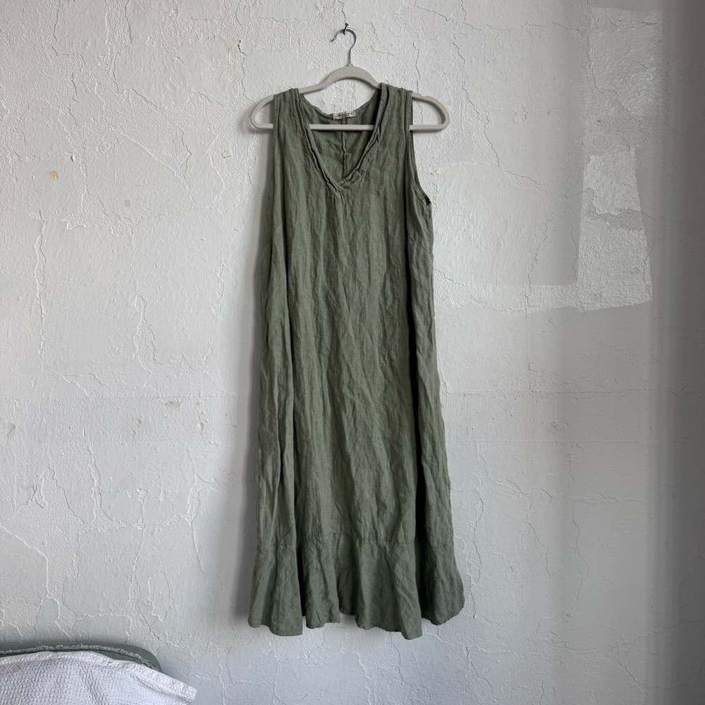 100% linen olive green flowy midi dress